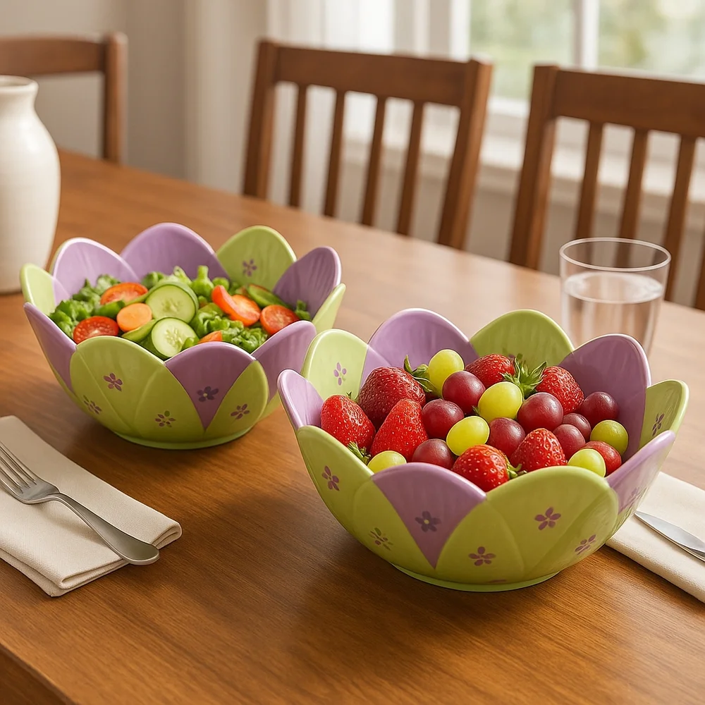 Floral Green and Purple Ceramic Salad Bowl Set Hand-Painted Ceramic Flower Petal